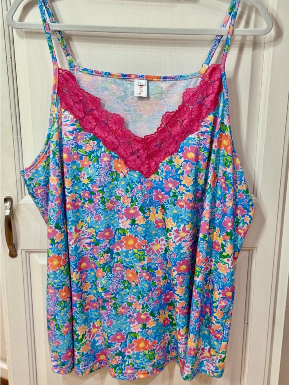 Bright Blue Floral Lace-Trim Camisole with Pink Accents